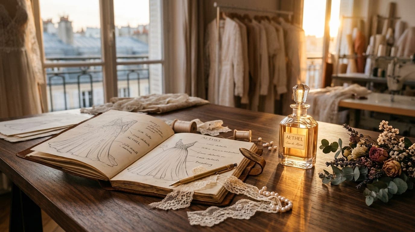 An atelier desk with a gown sketchbook, lace trim and a bottle of eau de parfum